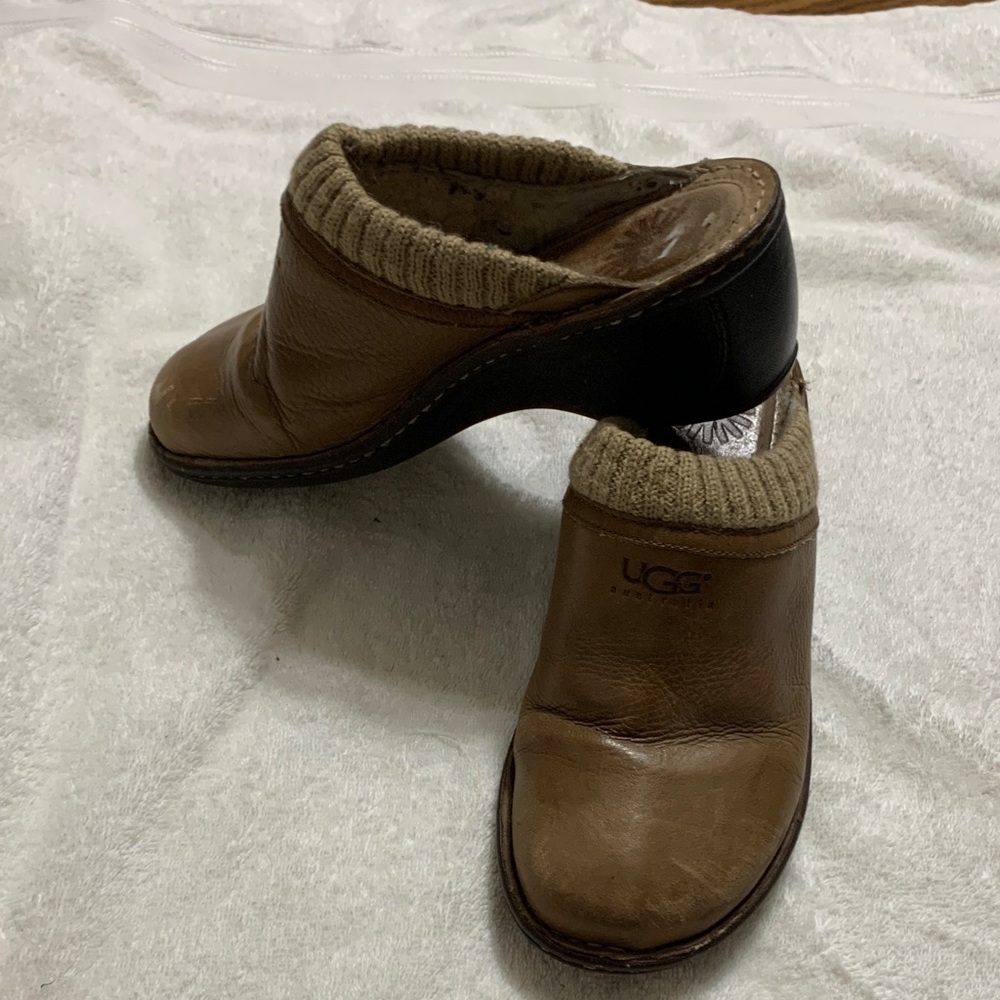 UGG Brown Leather Mules with Knit Trim